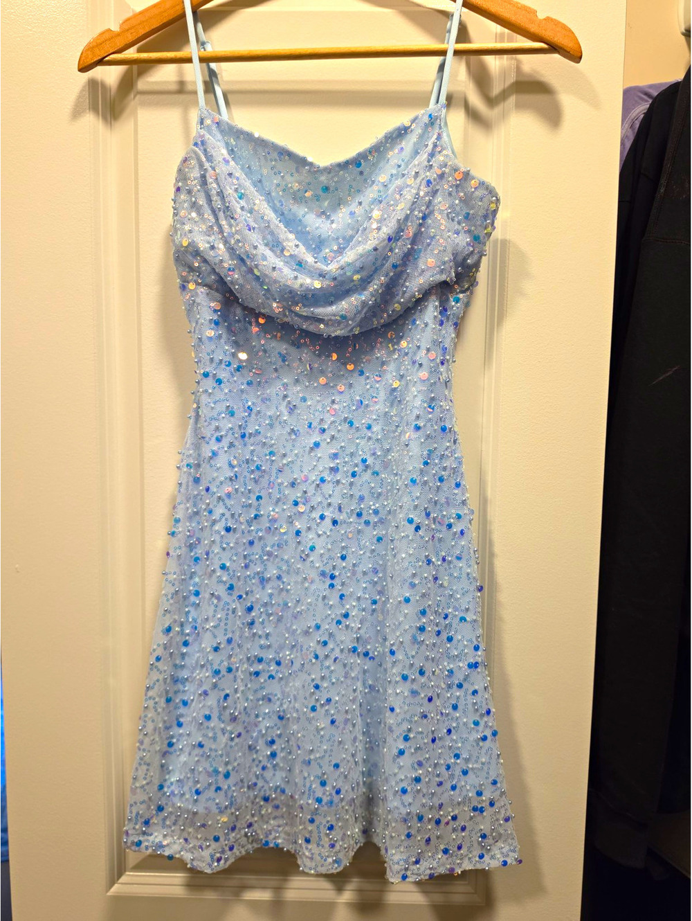 Windsor Blue Sequin Beaded Mesh Cowl Neck Spaghetti Strap Formal Mini Dress M